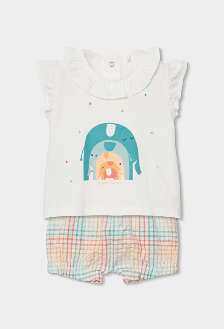 CONJUNTO DE PUNTO BLANCO CON ELEFANTE MULTICOLOR