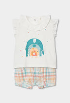 CONJUNTO DE PUNTO BLANCO CON ELEFANTE MULTICOLOR