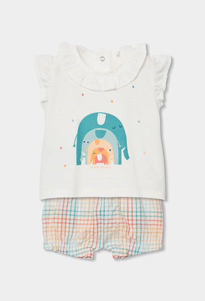 CONJUNTO DE PUNTO BLANCO CON ELEFANTE MULTICOLOR