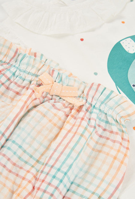 CONJUNTO DE PUNTO BLANCO CON ELEFANTE MULTICOLOR