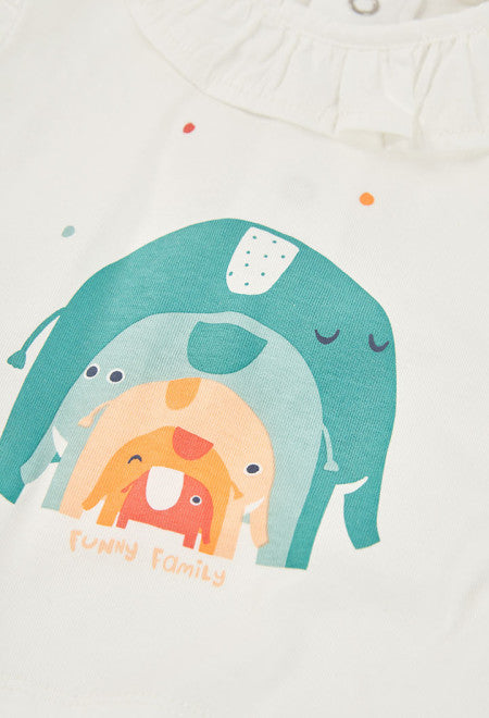 CONJUNTO DE PUNTO BLANCO CON ELEFANTE MULTICOLOR
