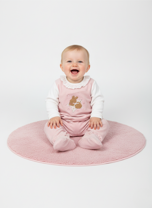 PELELE DE MANGA LARGA ROSA Y BLANCO CON CONEJITO Y ESTRELLA