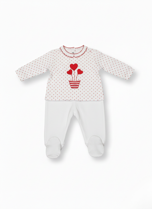 CONJUNTO DE DOS PIEZAS BLANCO Y ROJO DE LUNARES CON CORAZONES