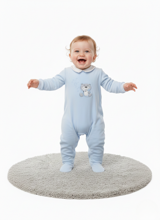 PELELE DE MANGA LARGA DE ALGODÓN AZUL CON DETALLE DE OSITO