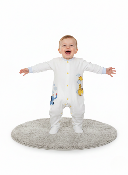 PELELE DE MANGA LARGA BLANCO CON JIRAFA Y ELEFANTE