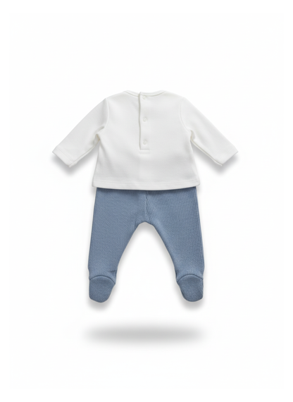 CONJUNTO DE TOP Y PANTALÓN AZUL Y BLANCO CON GLOBOS