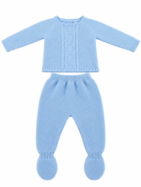 CONJUNTO DE PUNTO PARA BEBÉ CON POLAINA CELESTE