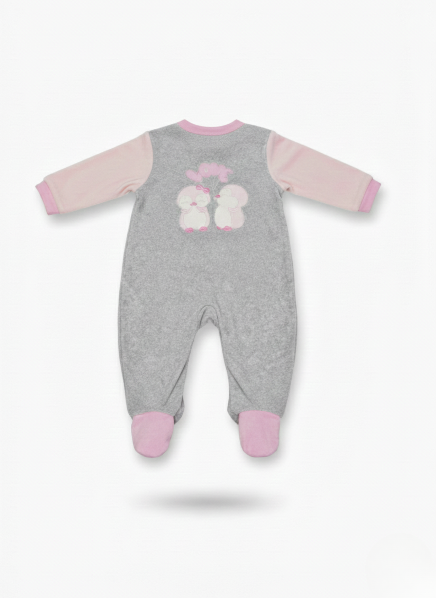 PELELE DE ALGODÓN GRIS Y ROSA CON PINGÜINOS ENAMORADOS