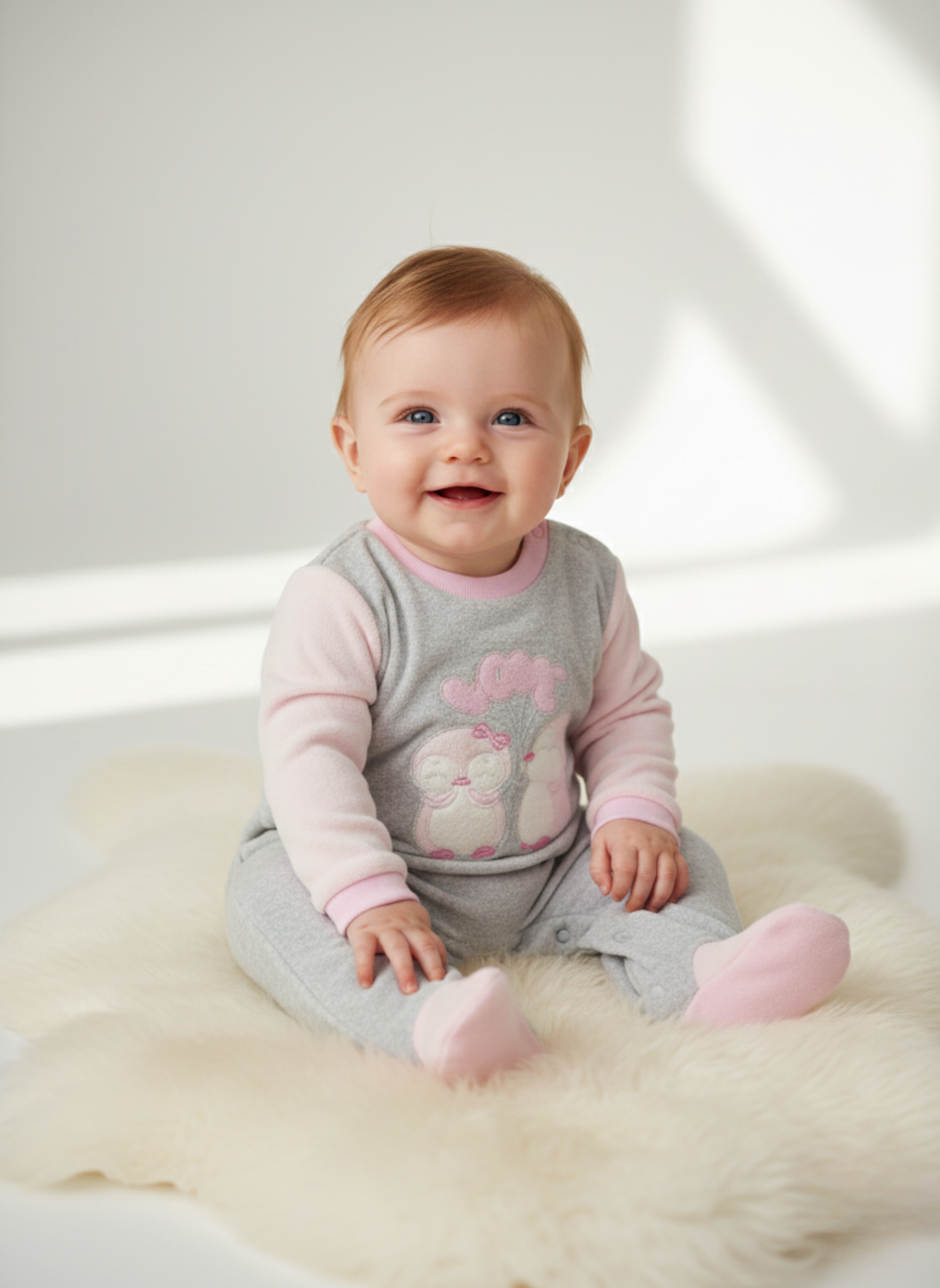 PELELE DE ALGODÓN GRIS Y ROSA CON PINGÜINOS ENAMORADOS