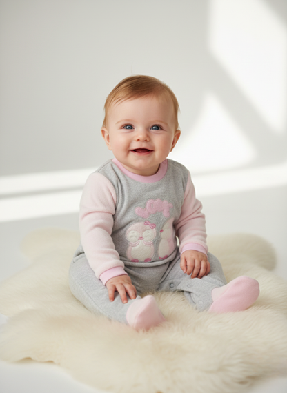 PELELE DE ALGODÓN GRIS Y ROSA CON PINGÜINOS ENAMORADOS