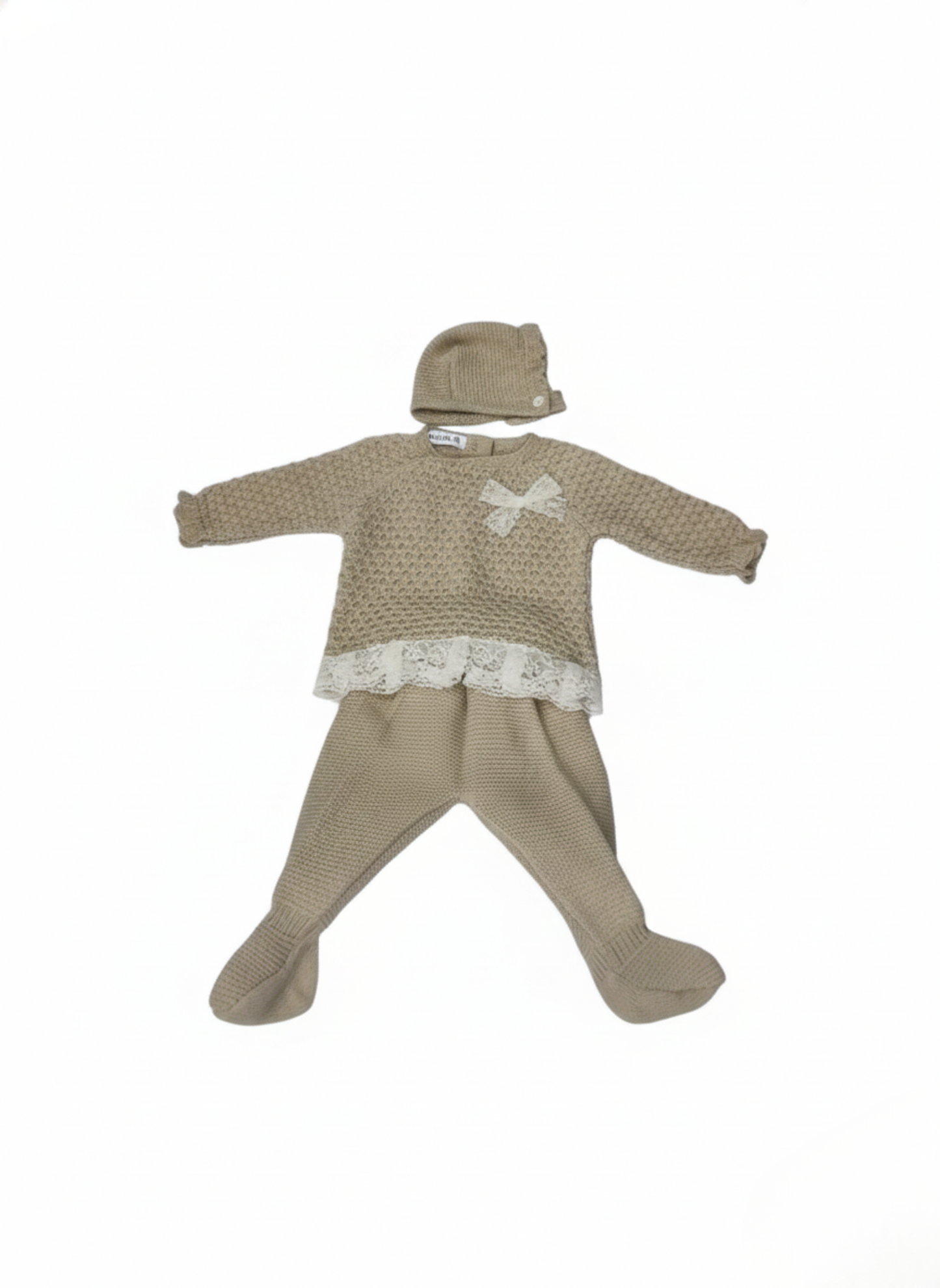 CONJUNTO DE PUNTO DE 3 PIEZAS BEIGE CON DETALLES DE ENCAJE