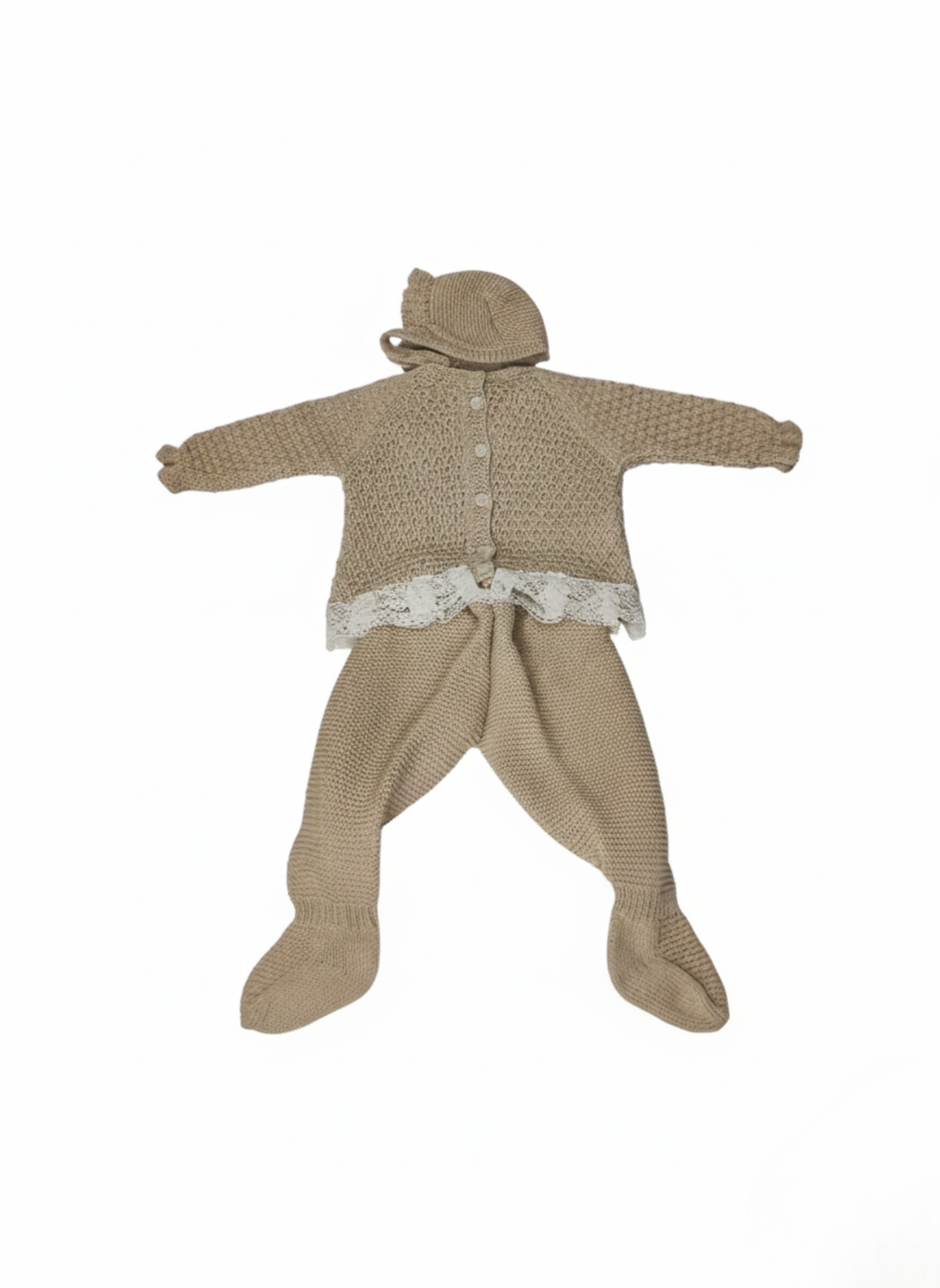 CONJUNTO DE PUNTO DE 3 PIEZAS BEIGE CON DETALLES DE ENCAJE