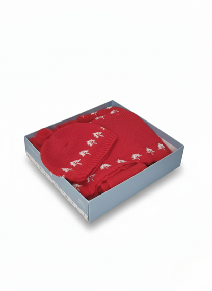 CONJUNTO DE 3 PIEZAS DE PUNTO ROJO CON BORDADO DE ÁRBOLES