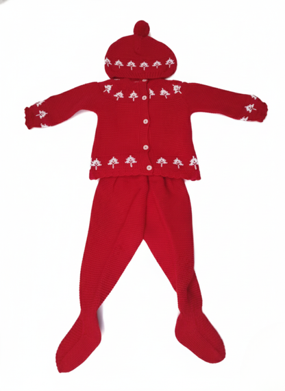 CONJUNTO DE 3 PIEZAS DE PUNTO ROJO CON BORDADO DE ÁRBOLES