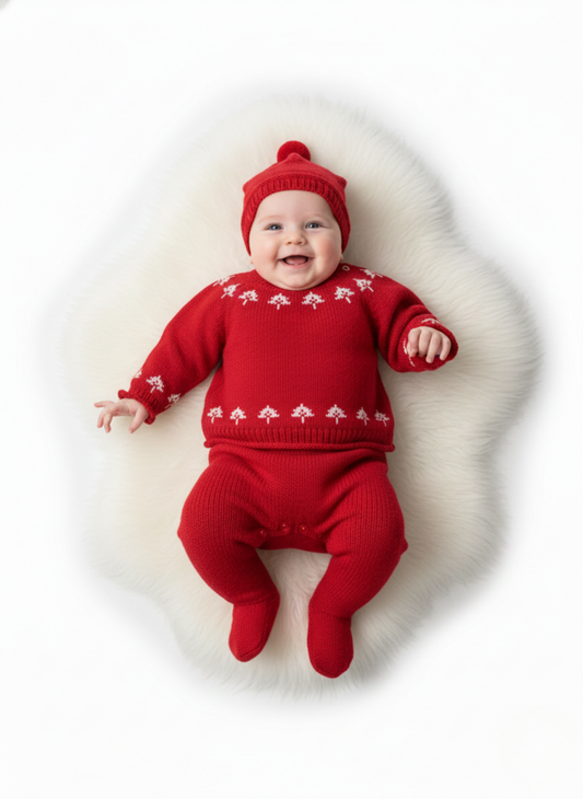 CONJUNTO DE 3 PIEZAS DE PUNTO ROJO CON BORDADO DE ÁRBOLES