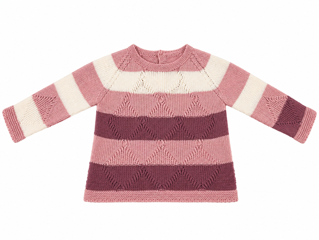 CONJUNTO DE PUNTO PARA BEBÉ CON POLAINA ROSA Y BURDEOS