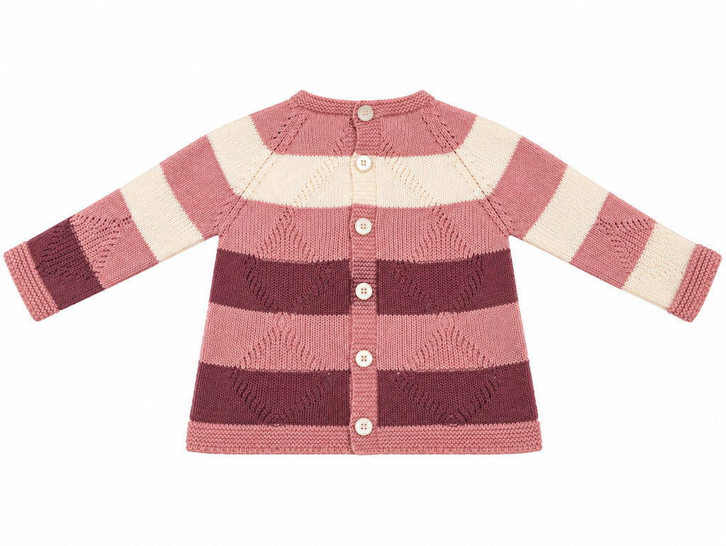 CONJUNTO DE PUNTO PARA BEBÉ CON POLAINA ROSA Y BURDEOS