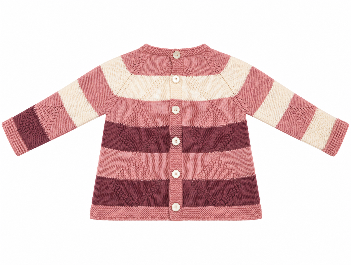 CONJUNTO DE PUNTO PARA BEBÉ CON POLAINA ROSA Y BURDEOS