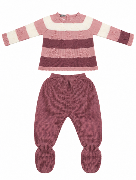 CONJUNTO DE PUNTO PARA BEBÉ CON POLAINA ROSA Y BURDEOS