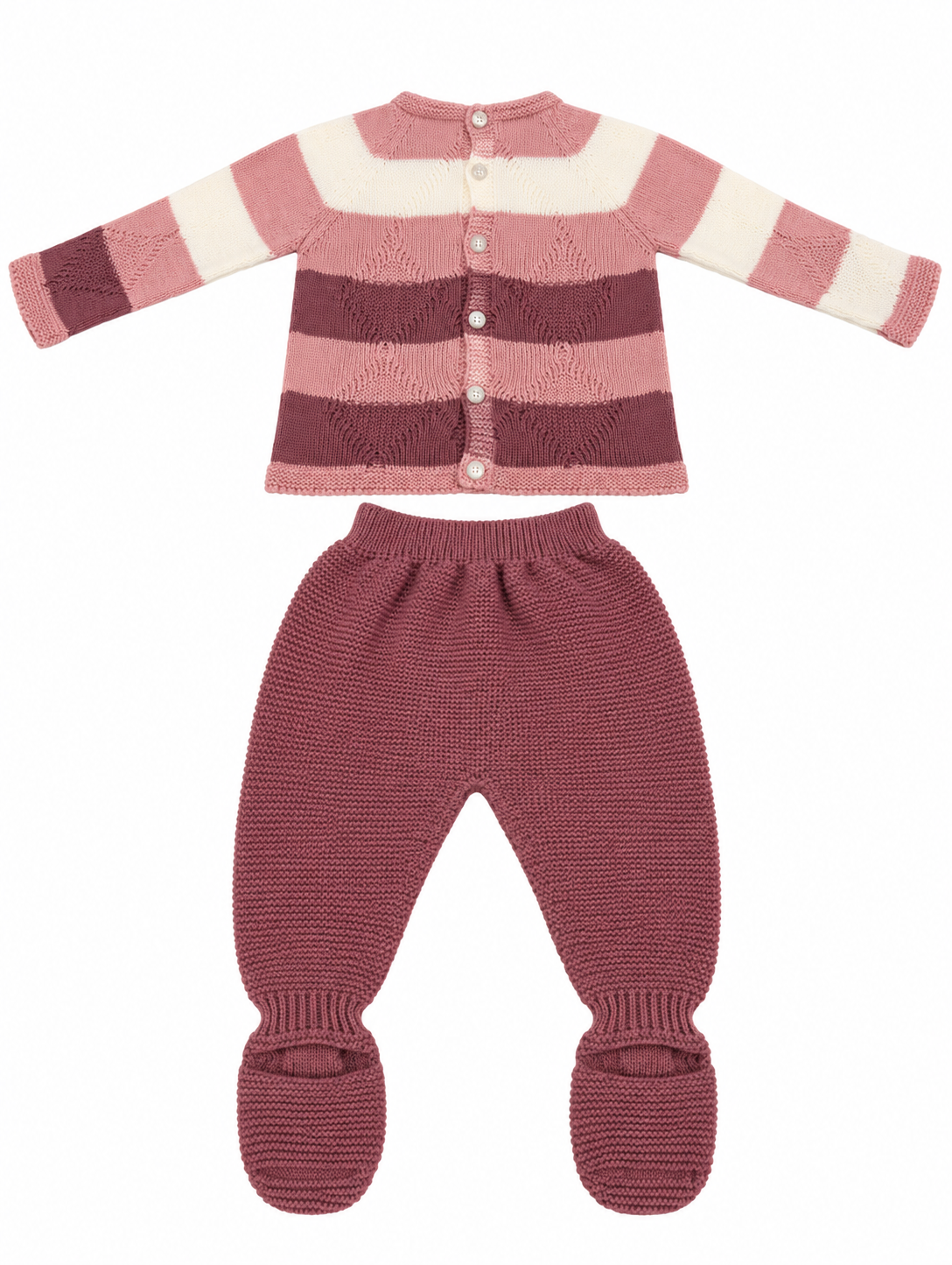 CONJUNTO DE PUNTO PARA BEBÉ CON POLAINA ROSA Y BURDEOS
