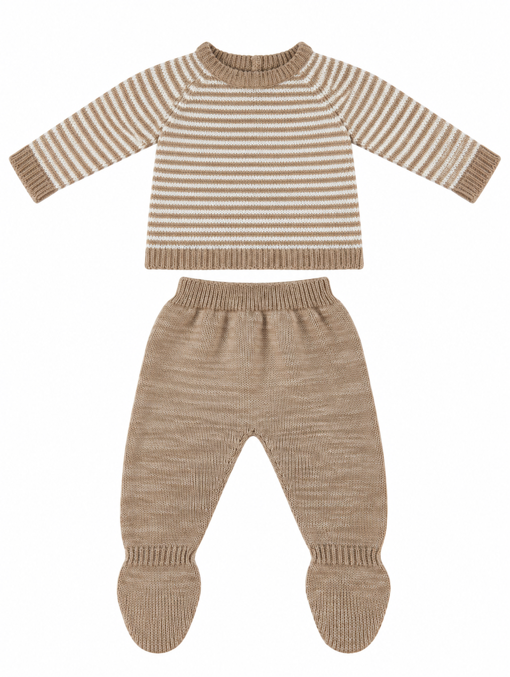 CONJUNTO DE PUNTO PARA BEBÉ CON POLAINA BEIGE Y BLANCO