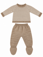 CONJUNTO DE PUNTO PARA BEBÉ CON POLAINA BEIGE Y BLANCO