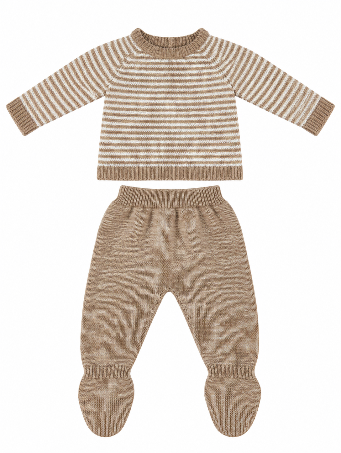 CONJUNTO DE PUNTO PARA BEBÉ CON POLAINA BEIGE Y BLANCO