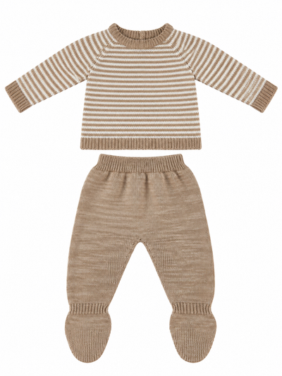 CONJUNTO DE PUNTO PARA BEBÉ CON POLAINA BEIGE Y BLANCO