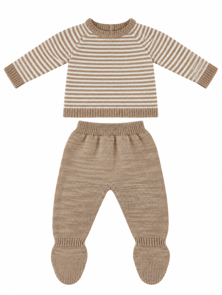 CONJUNTO DE PUNTO PARA BEBÉ CON POLAINA BEIGE Y BLANCO