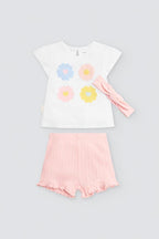 CONJUNTO DE BEBÉ 3 PIEZAS BLANCO Y ROSA CON LAZO