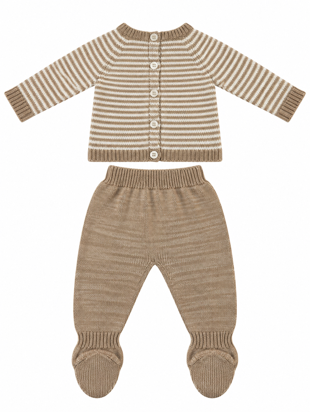 CONJUNTO DE PUNTO PARA BEBÉ CON POLAINA BEIGE Y BLANCO
