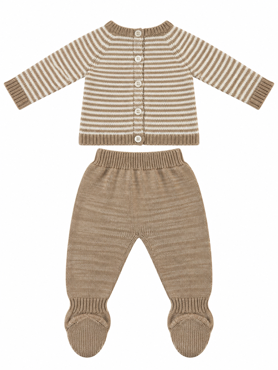 CONJUNTO DE PUNTO PARA BEBÉ CON POLAINA BEIGE Y BLANCO