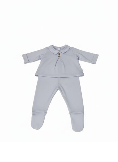 CONJUNTO TOP Y PANTALÓN AZUL CELESTO CON CUELLO PETER PAN