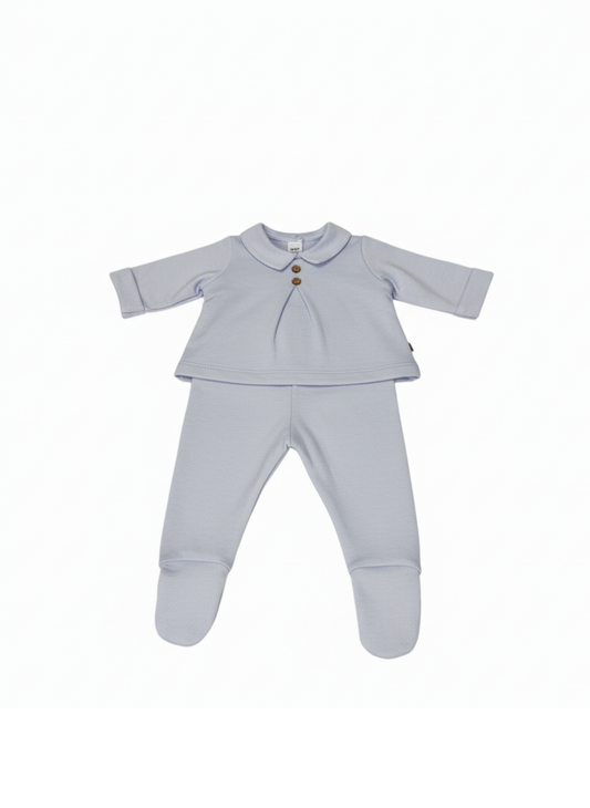 CONJUNTO TOP Y PANTALÓN AZUL CELESTO CON CUELLO PETER PAN