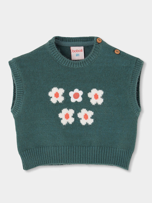 CHALECO TRICOTOSA VERDE PARA NIÑA CON FLORES