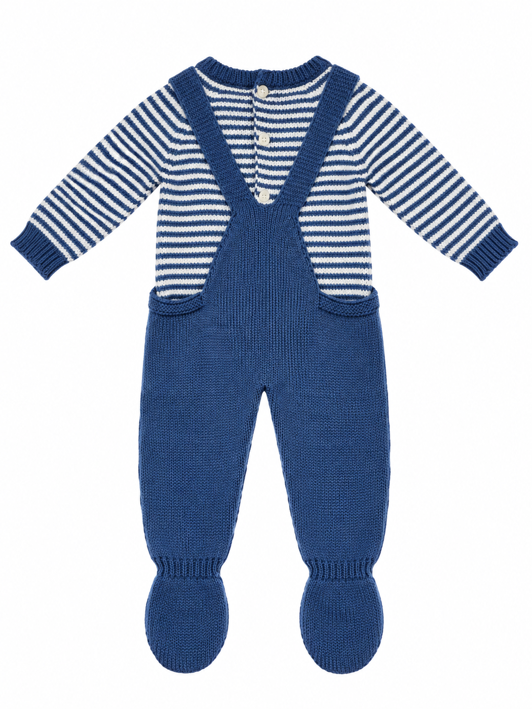 CONJUNTO DE PUNTO PARA BEBÉ CON PETO Y JERSEY DE RAYAS AZUL Y BLANCO