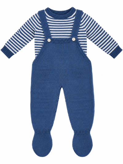 CONJUNTO DE PUNTO PARA BEBÉ CON PETO Y JERSEY DE RAYAS AZUL Y BLANCO