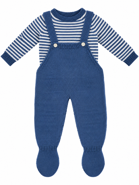 CONJUNTO DE PUNTO PARA BEBÉ CON PETO Y JERSEY DE RAYAS AZUL Y BLANCO