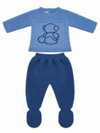 CONJUNTO DE PUNTO PARA BEBÉ CON POLAINA Y OSITO AZUL