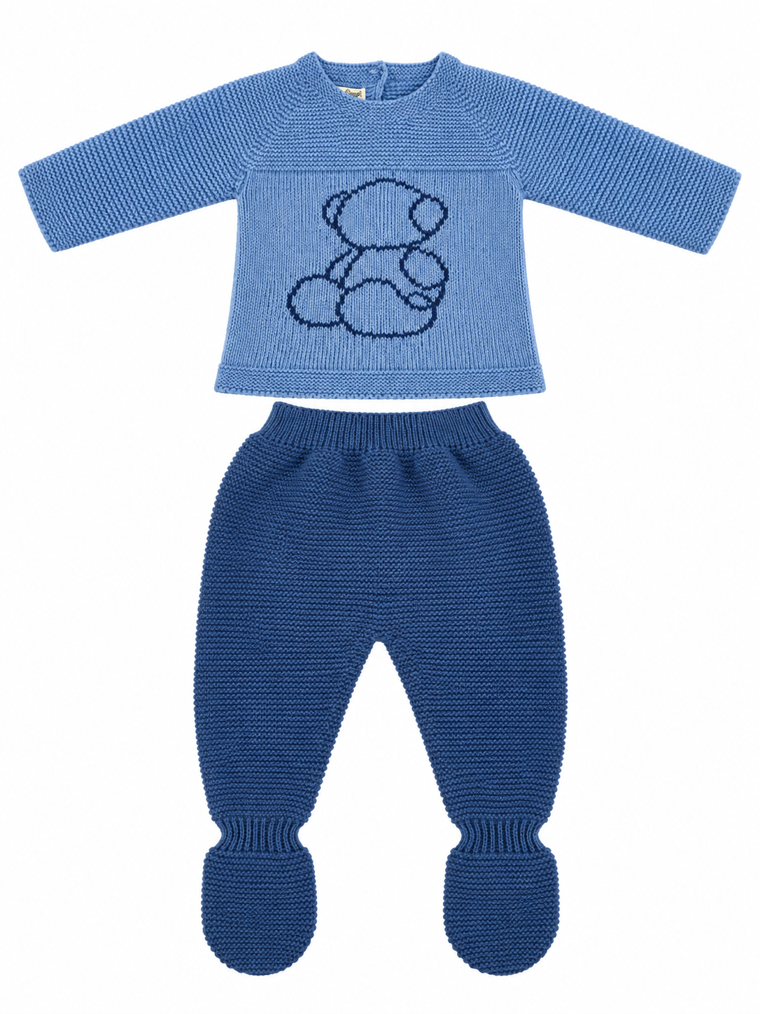 CONJUNTO DE PUNTO PARA BEBÉ CON POLAINA Y OSITO AZUL