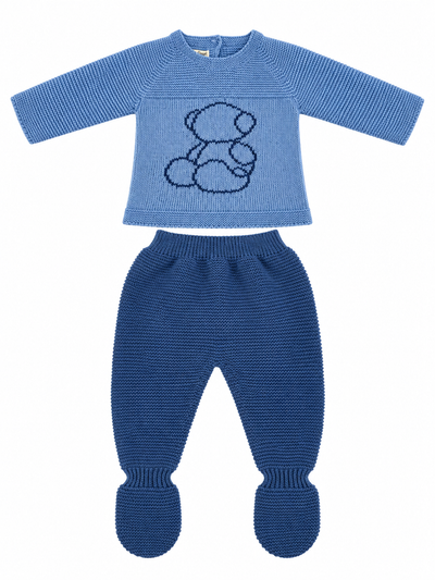CONJUNTO DE PUNTO PARA BEBÉ CON POLAINA Y OSITO AZUL