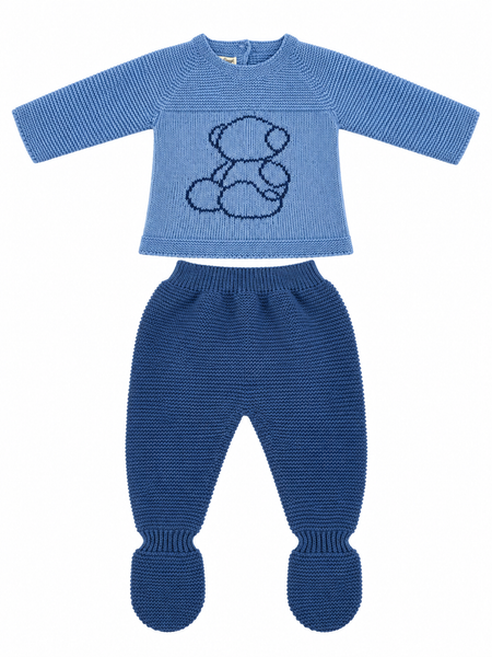 CONJUNTO DE PUNTO PARA BEBÉ CON POLAINA Y OSITO AZUL