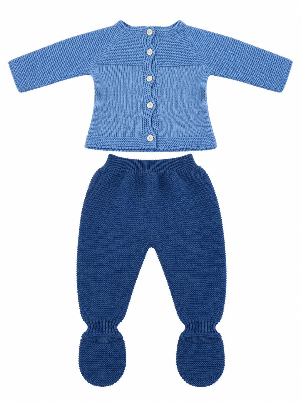 CONJUNTO DE PUNTO PARA BEBÉ CON POLAINA Y OSITO AZUL