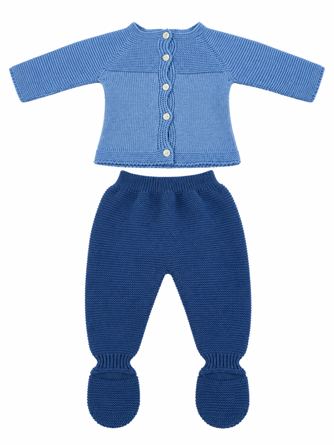 CONJUNTO DE PUNTO PARA BEBÉ CON POLAINA Y OSITO AZUL