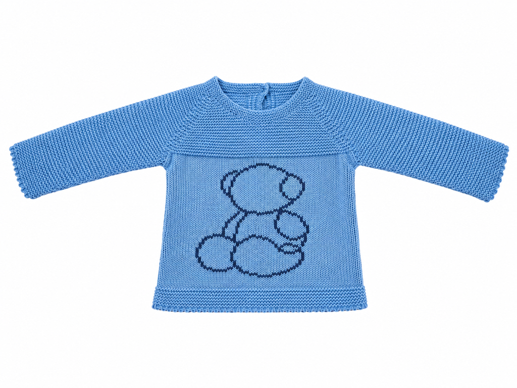 CONJUNTO DE PUNTO PARA BEBÉ CON POLAINA Y OSITO AZUL
